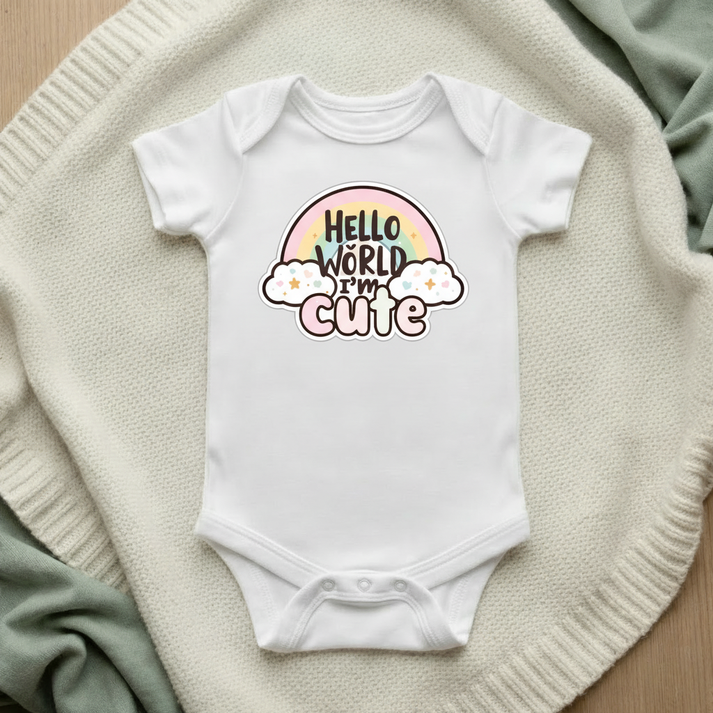 Hello World I'm Cute baby bodysuit mockup flat lay on cream knit blanket