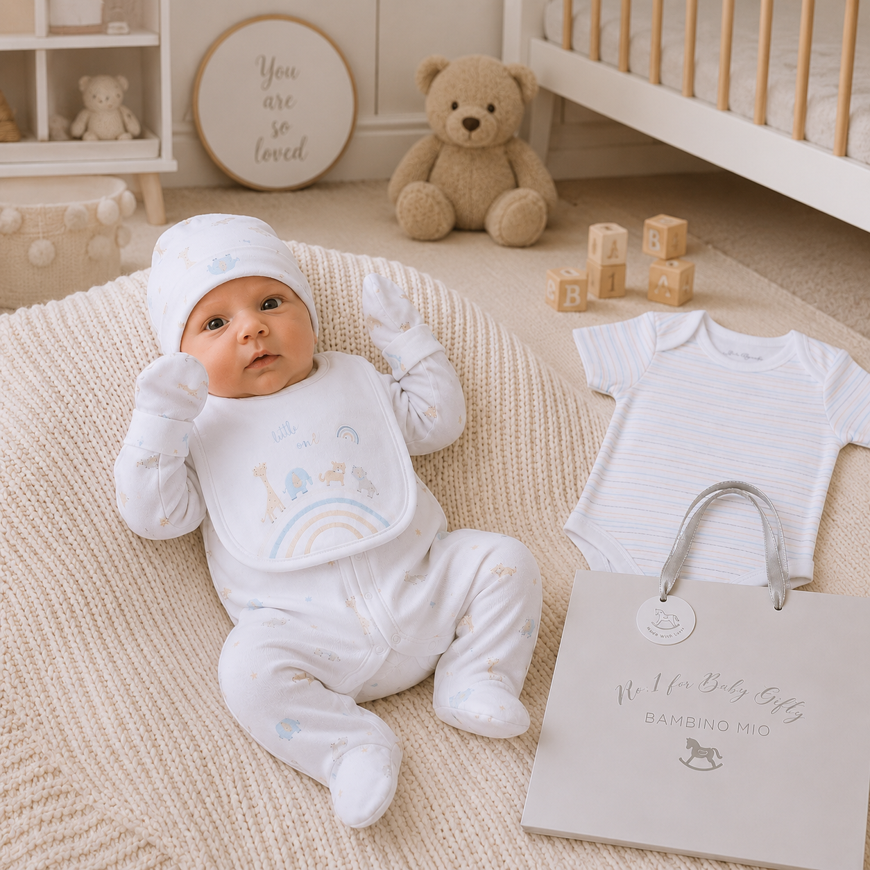 Baby in white outfit with rainbow design in a nursery setting, surrounded by toys and a gift bag.
