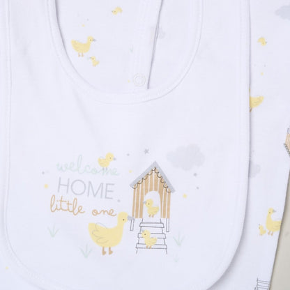White baby bib with a yellow and gray duck-themed print, featuring the text 'welcome HOME little one' and an illustration of a house with a duck.