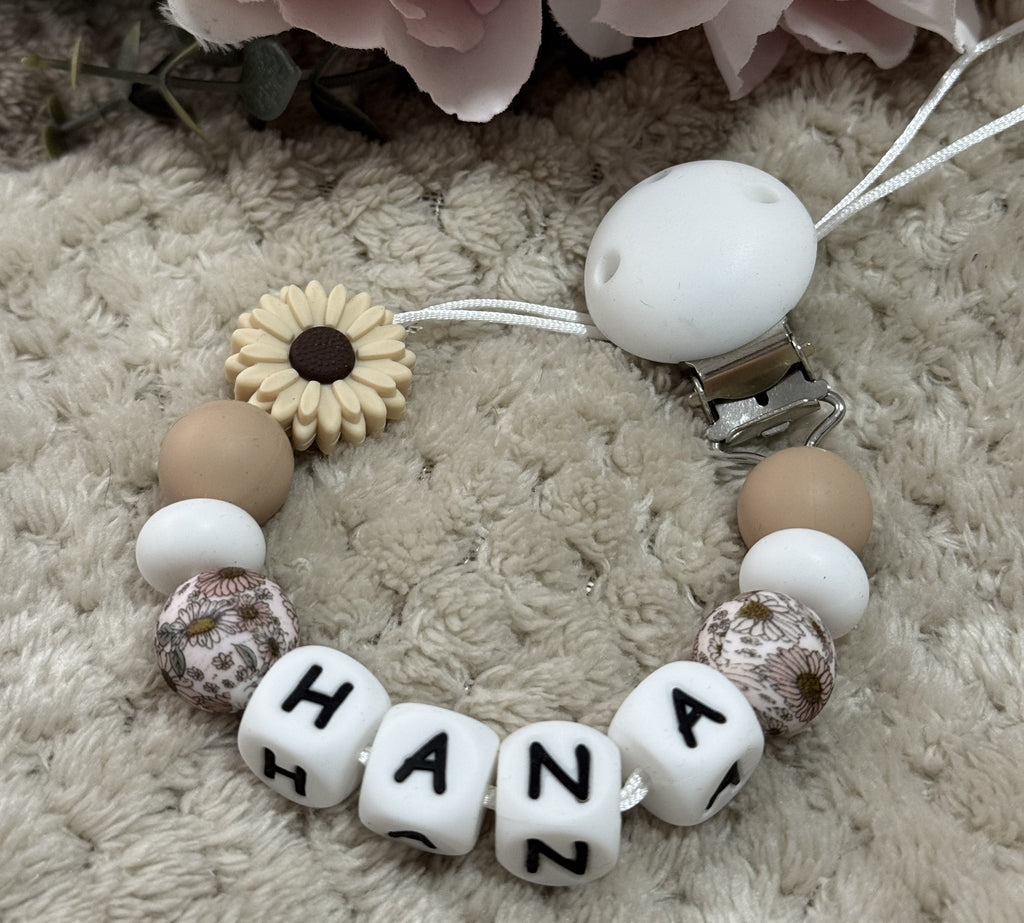 Personalised Dummy holders, Pacifier chain, Mam dummy clips Perfect baby gift - FLOWERS