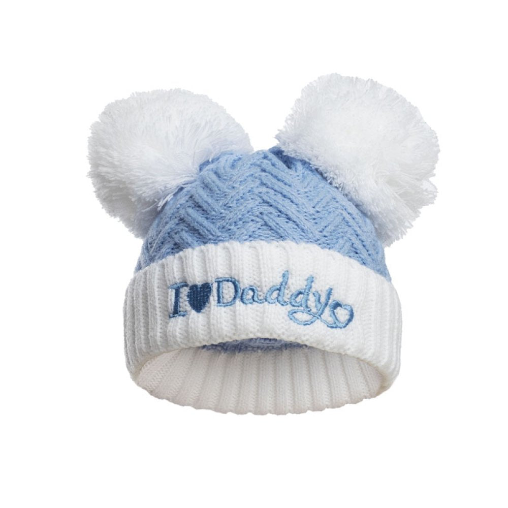 I Love Daddy” blue chevron baby hat with double pom poms. Soft newborn hat perfect for baby showers, gifts for dads, and everyday baby wear.