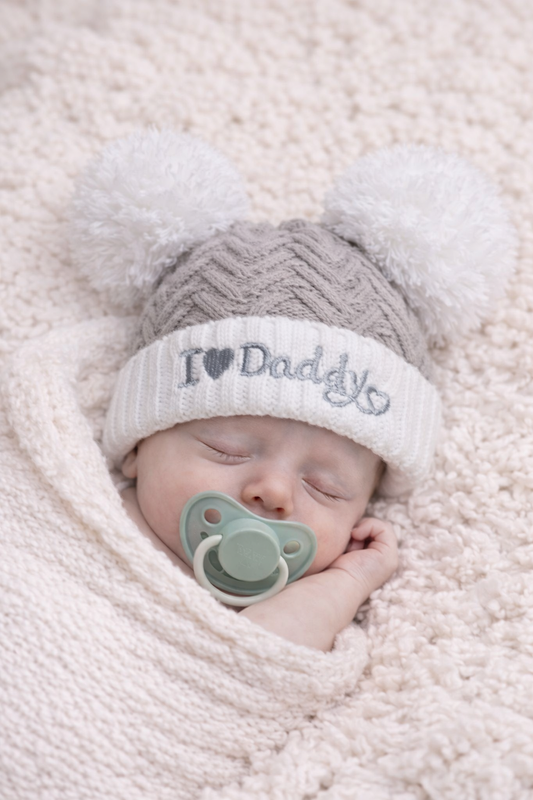 Newborn baby sleeping with a pacifier and 'I love Daddy' hat on a soft surface