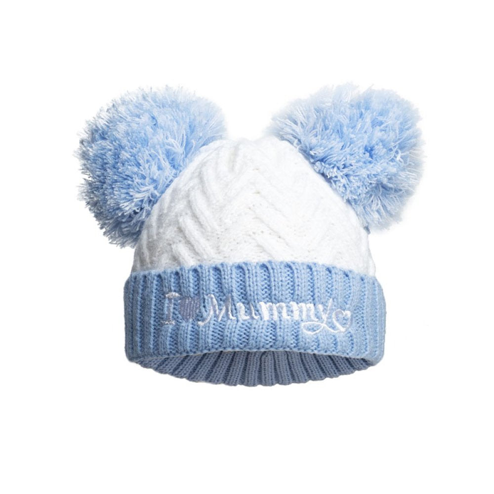 I Love Mummy” blue chevron baby hat with double pom poms. Soft newborn hat perfect for baby showers, gifts for dads, and everyday baby wear.