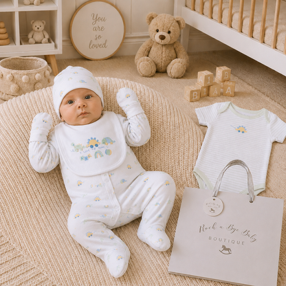 Baby in white outfit with embroidered designs, surrounded by teddy bear, blocks, and 'Rock a Bye Baby Boutique' bag in a nursery setting.