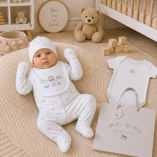 Baby in white outfit with embroidered designs, surrounded by teddy bear, blocks, and 'Rock a Bye Baby Boutique' bag in a nursery setting.