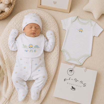 Newborn baby in white outfit with matching hat and bib, next to a green onesie on a beige surface.