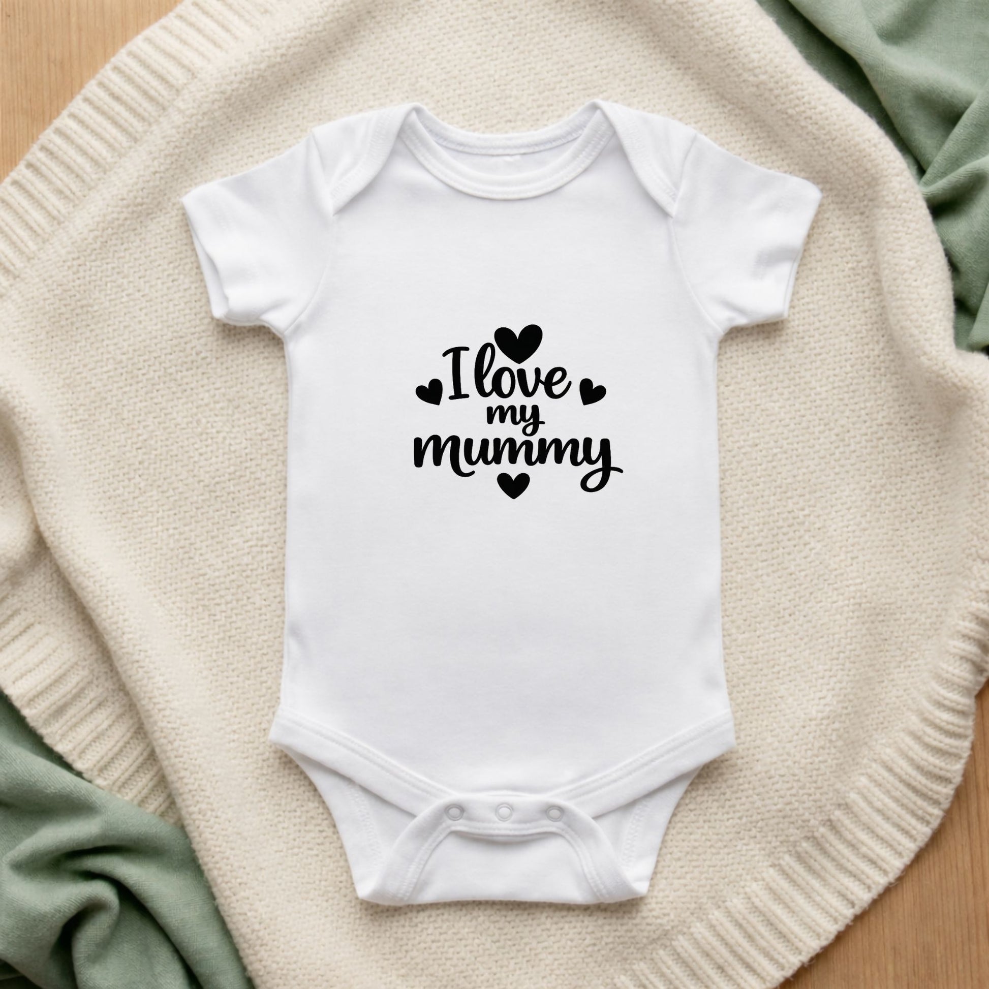 White baby onesie with 'I love my Mummy' text on a textured surface