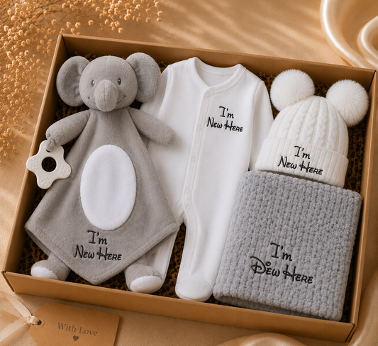 I'm New Here Baby Gift Box | Babygrow, Hat, Blanket & Elephant Toy PREORDER