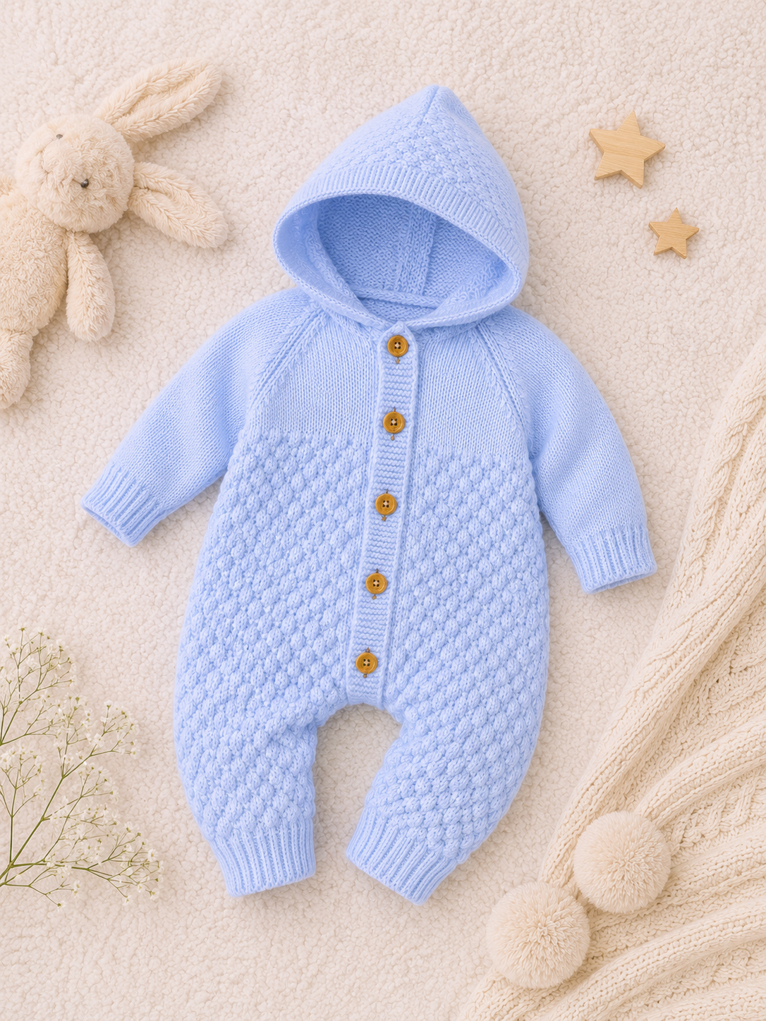 Blue knitted baby romper with buttons on a beige background