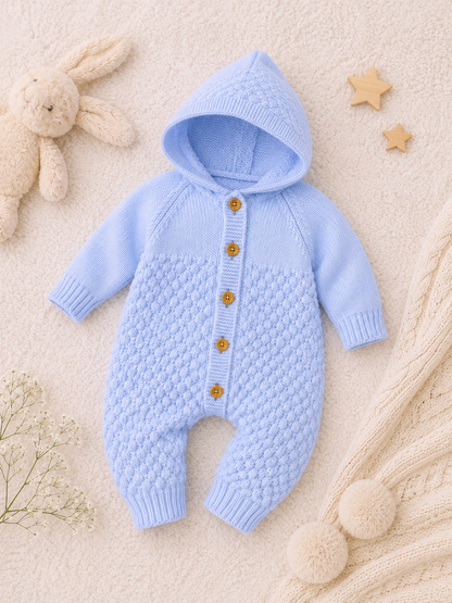 Blue knitted baby romper with buttons on a beige background