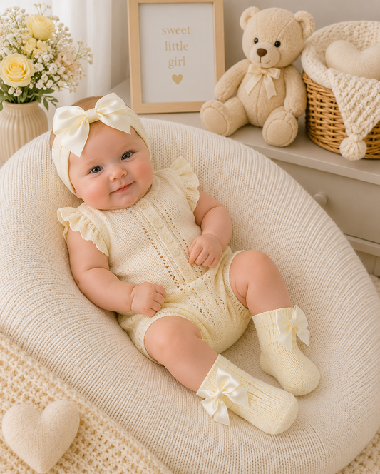Baby in a cream outfit with a bow sitting on a soft surface, surrounded by teddy bear and flowers.