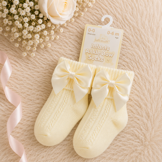 Pair of yellow baby socks with bows on a textured surface with flowers and ribbons.