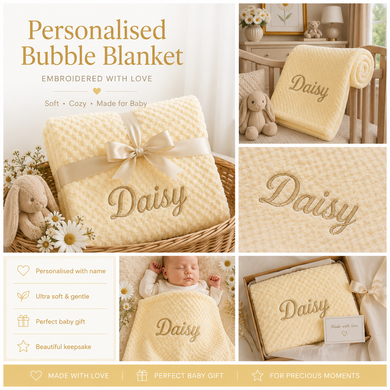Personalized bubble blanket set in a soft cream-yellow color with gold embroidered text and a matching satin ribbon. The collage shows the blanket styled in a basket with a plush bunny, rolled up on a crib bed, worn by a baby, and packaged in a gift box.