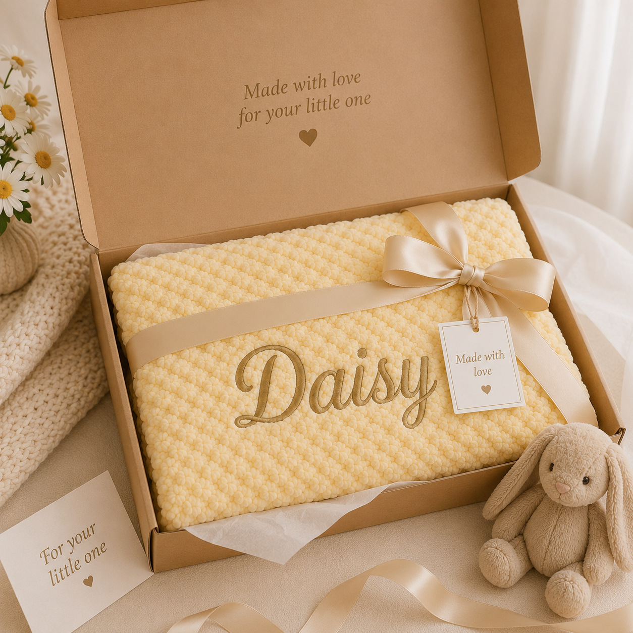 A personalized cream-colored textured blanket with the name 'Daisy' in gold script, presented in a brown cardboard gift box with a cream ribbon and tag. The box is styled with a plush bunny toy, a knitted scarf, and daisy flowers on a soft beige background.