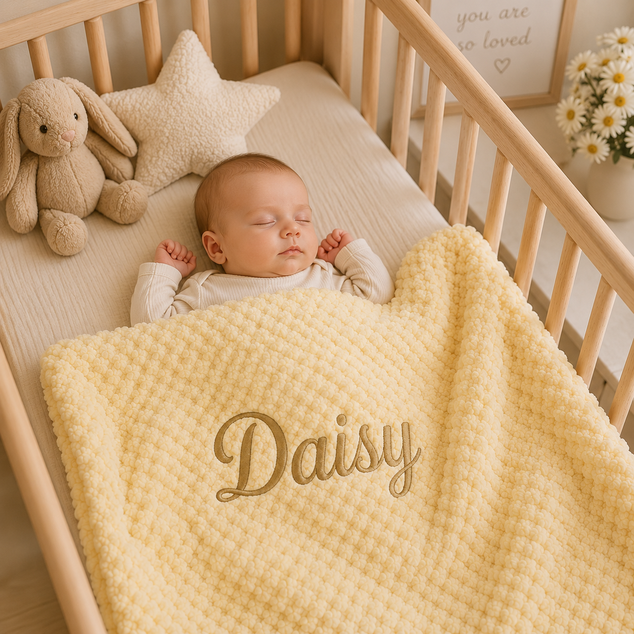 A sleeping baby in a wooden crib under a pale yellow textured blanket with the name 'Daisy' embroidered in gold, styled with a plush bunny toy and star pillow.