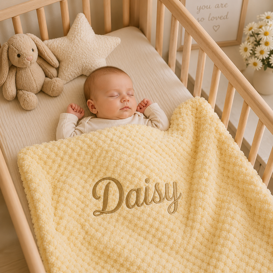 A sleeping baby in a wooden crib under a pale yellow textured blanket with the name 'Daisy' embroidered in gold, styled with a plush bunny toy and star pillow.