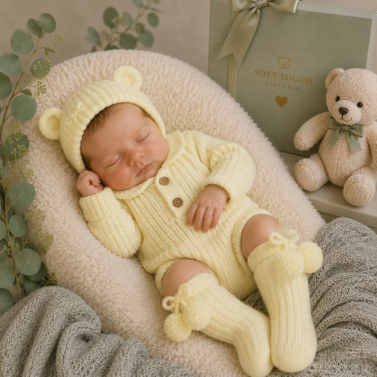 Newborn baby in a yellow knitted outfit with bear ears, surrounded by soft textures and a teddy bear.