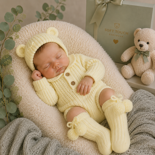 Newborn baby in a yellow knitted outfit with bear ears, surrounded by soft textures and a teddy bear.