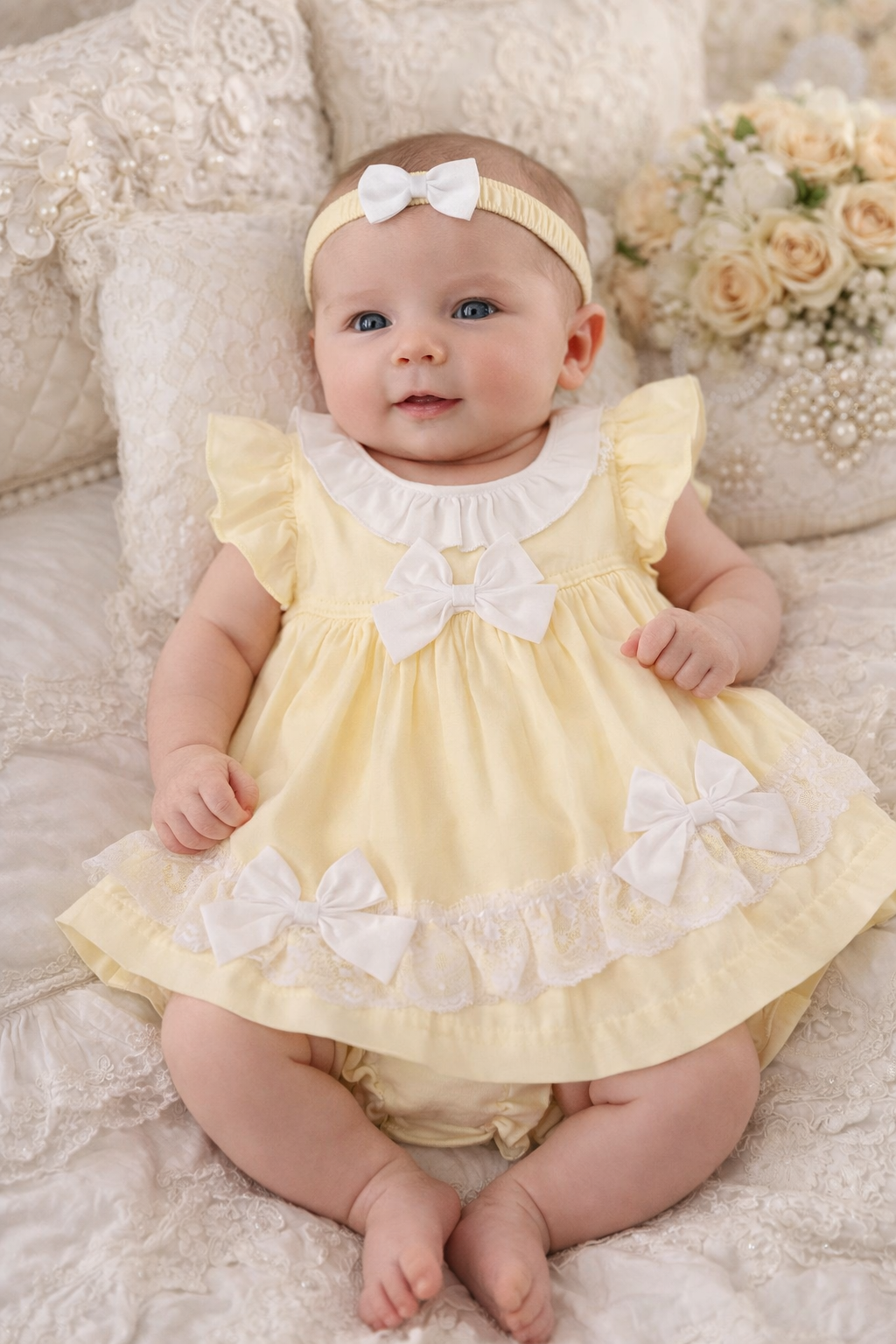 Baby in a yellow dress with white bows sitting on a textured surface.
