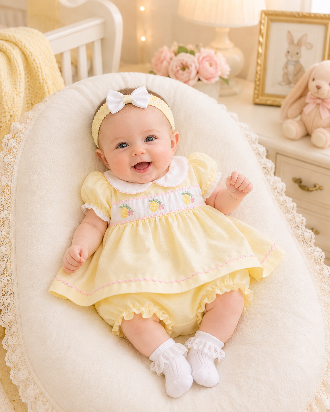 Baby in a yellow outfit sitting in a crib with decorative items in the background
