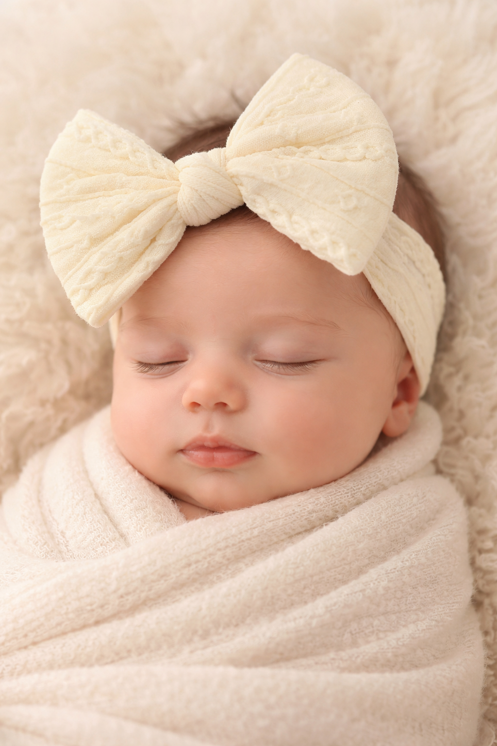 Baby sleeping with a large cream-colored bow headband and matching blanket.