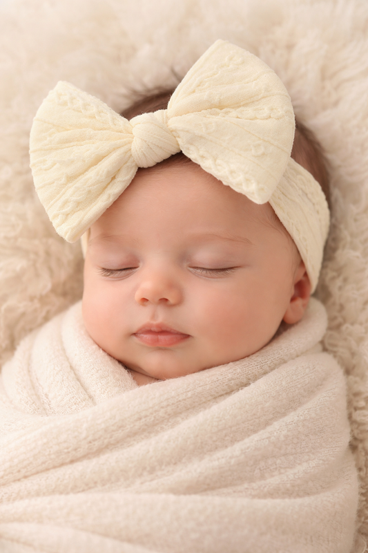 Baby sleeping with a large cream-colored bow headband and matching blanket.