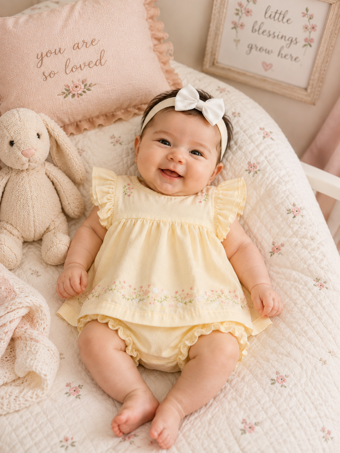 Baby in a yellow outfit with a white bow, surrounded by soft toys and floral decorations.