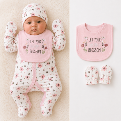 A baby outfit set shown on a split background: a baby wearing a pink bib, matching footed sleeper, and hat with a small floral print, alongside a flat lay of the bib and mittens. The bib reads 'LET YOUR DREAM BLOSSOM' with floral artwork.