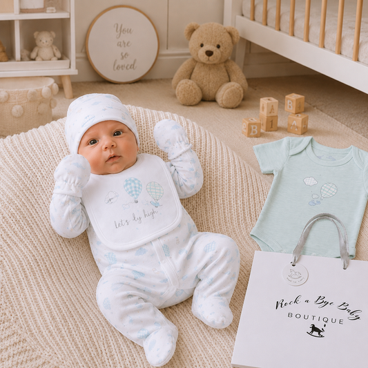 Baby in a white outfit with blue accents in a nursery setting, surrounded by baby items and 'Rock a Bye Baby Boutique' packaging.