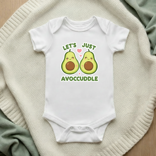 Let's Just Avoccuddle baby bodysuit mockup flat lay on cream knit blanket