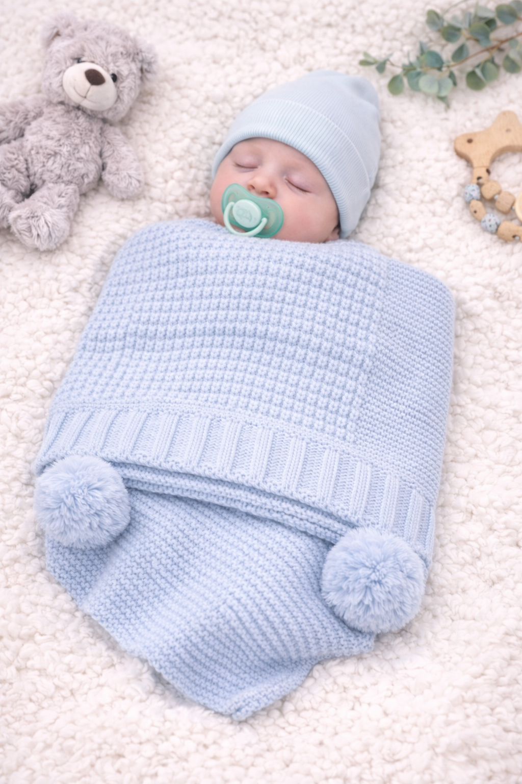 A newborn baby resting comfortably while swaddled in a soft light blue knitted blanket with pom pom details, photographed in a calm, neutral setting to showcase warmth, texture, and newborn comfort.