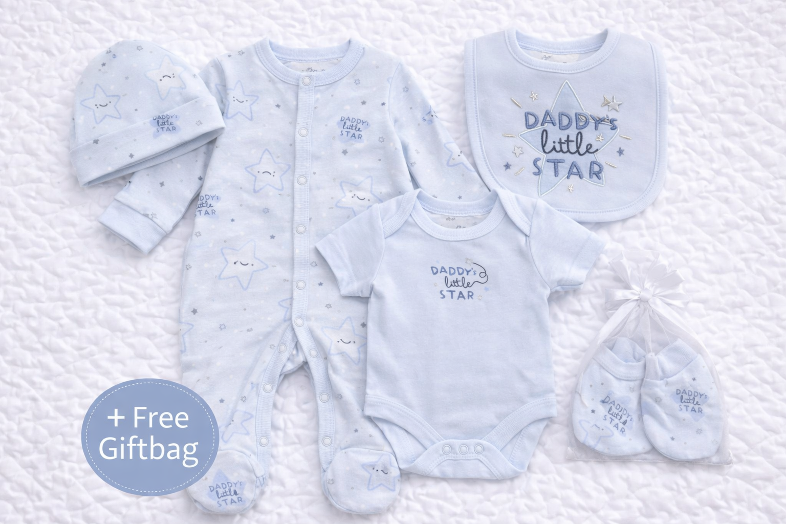 “Baby boy 5-piece clothing gift set in light blue featuring Daddy’s Little Star babygrow, bodysuit, bib, hat and mittens with matching star print and free gift bag.”