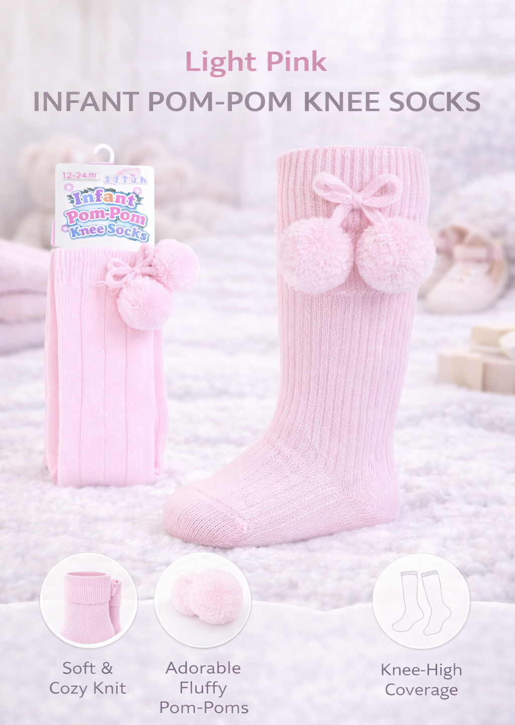 Newborn baby in white onesie wearing light pink pom-pom knee-high socks, resting peacefully