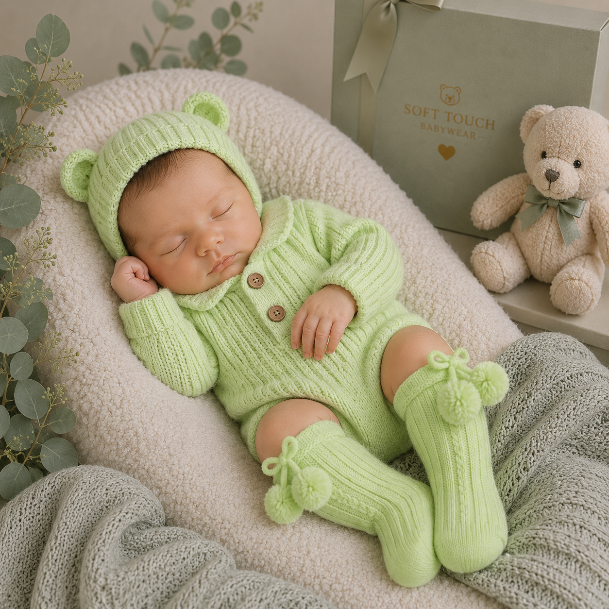 Newborn baby in a green knitted outfit with bear ears, lying on a soft surface with a teddy bear and gift box in the background.