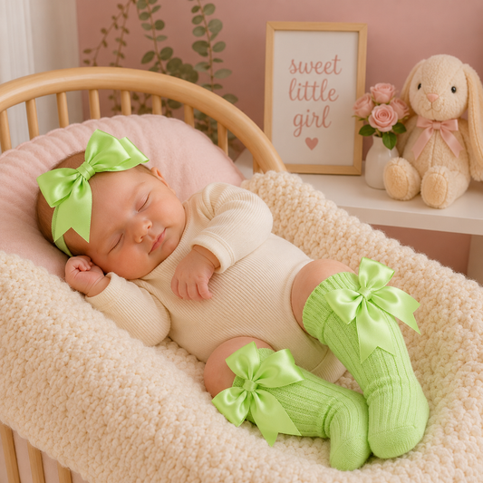 Newborn baby in a crib wearing a green headband and socks with bows, surrounded by decorative items.