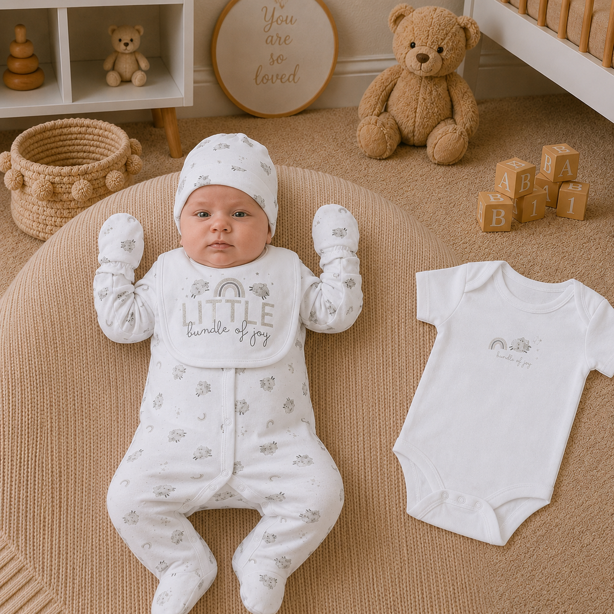 Baby in a white onesie with text, lying on a beige rug with toys around
