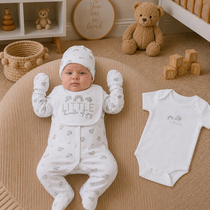 Baby in a white onesie with text, lying on a beige rug with toys around