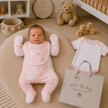 Newborn baby in a pink outfit lying on a rug with toys and a 'Rock a Bye Baby Boutique' bag in the background.