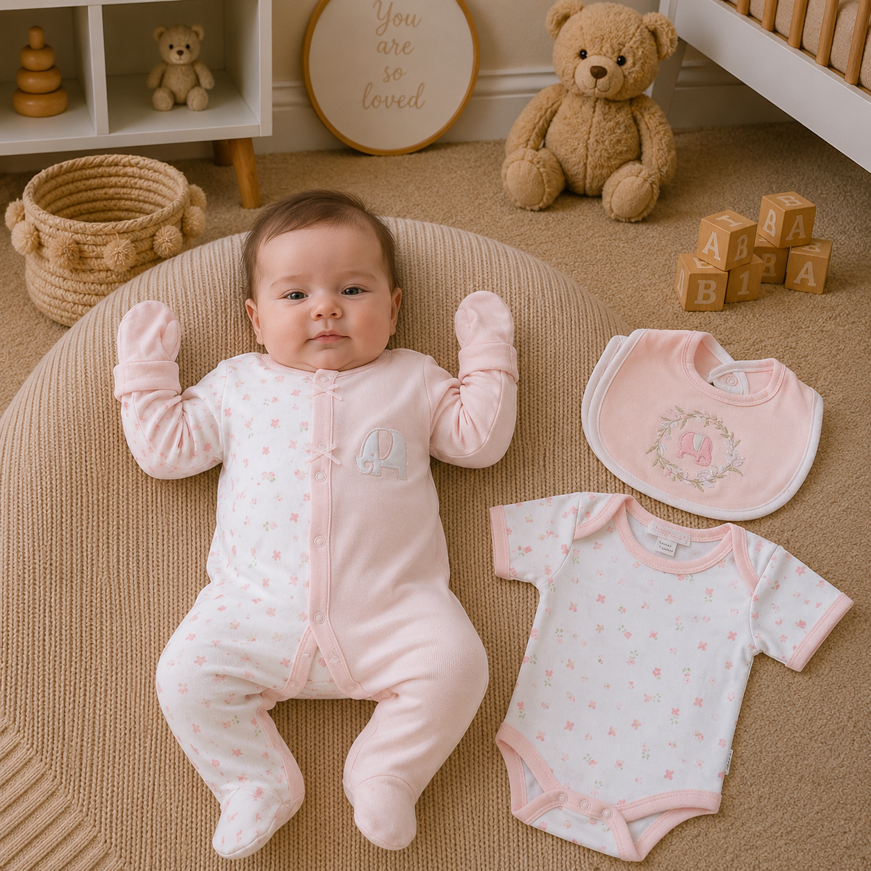 Baby in pink outfit with matching bib and romper on a textured surface, surrounded by teddy bears and wooden blocks.