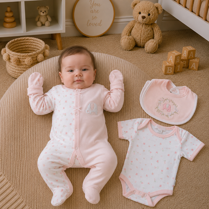 Baby in pink outfit with matching bib and romper on a textured surface, surrounded by teddy bears and wooden blocks.