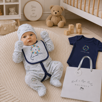 Baby in a gray outfit with a colorful bib, surrounded by toys and a 'Rock a Bye Baby Boutique' bag in a nursery setting.