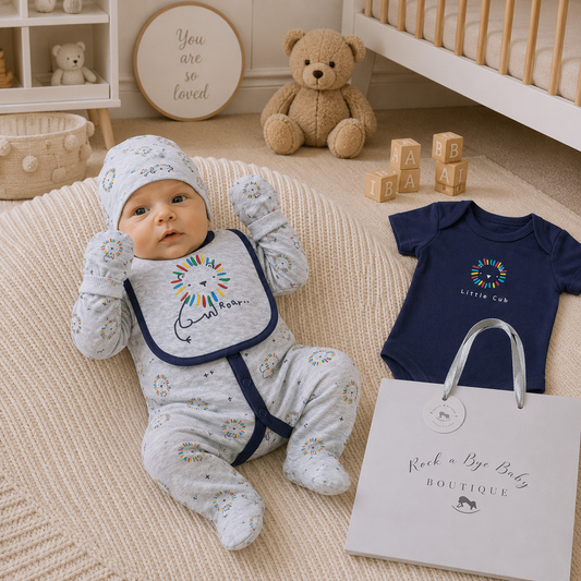 Baby in a gray outfit with a colorful bib, surrounded by toys and a 'Rock a Bye Baby Boutique' bag in a nursery setting.