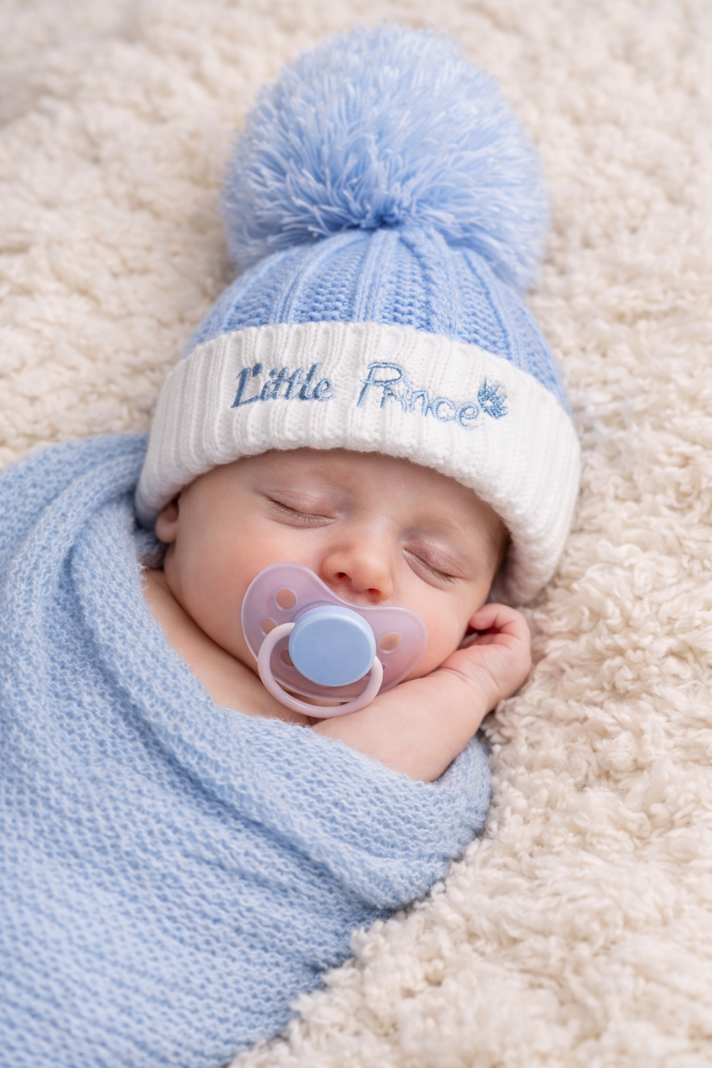 A peaceful newborn baby boy wearing a soft blue and white knitted “Little Prince” pom pom hat, styled on a plush neutral blanket. This cosy baby beanie features a fluffy pom pom and embroidered detail, making it perfect for newborn photos, winter wear, or a thoughtful baby shower gift.