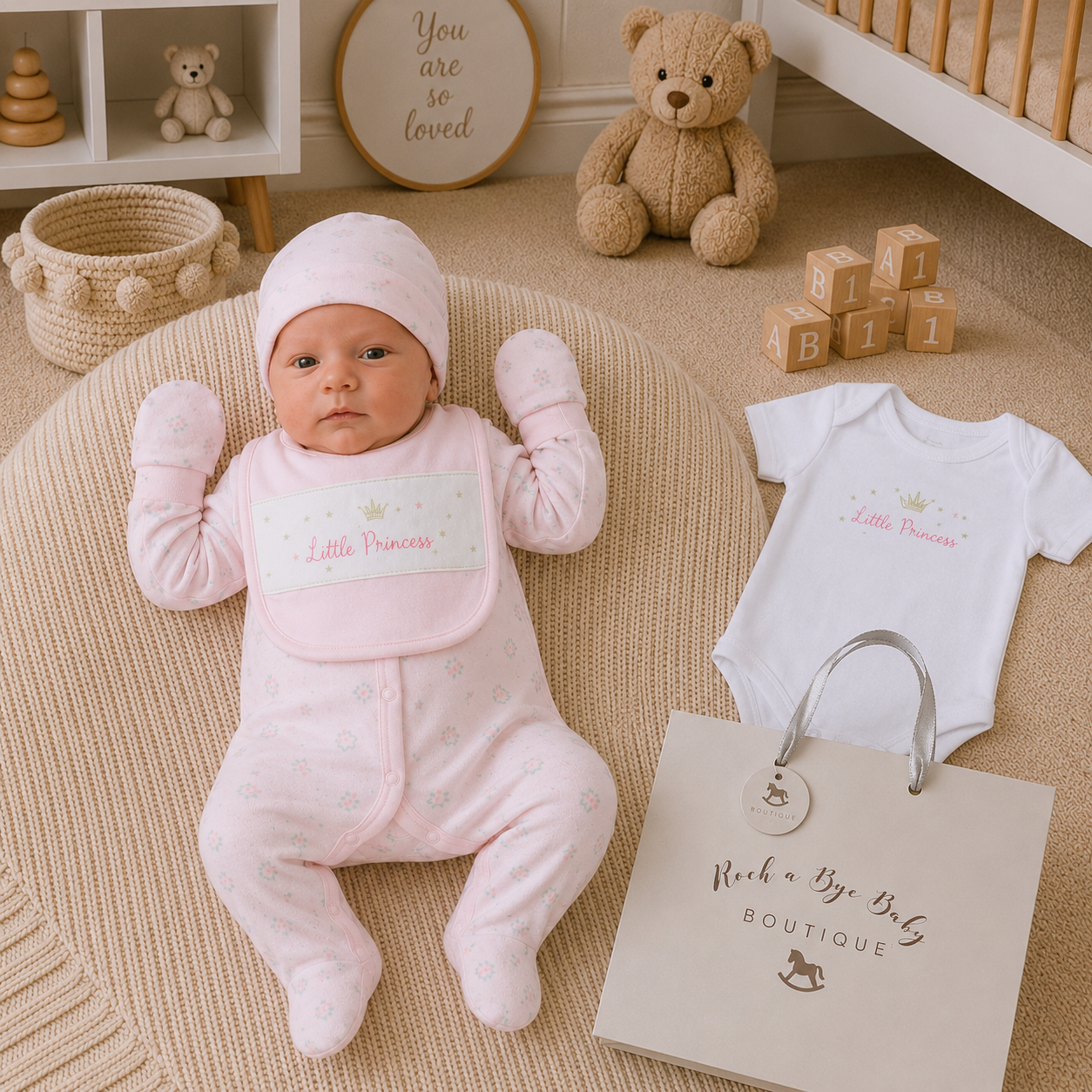 Baby in pink outfit with 'Little Princess' text, surrounded by baby items in a nursery setting.