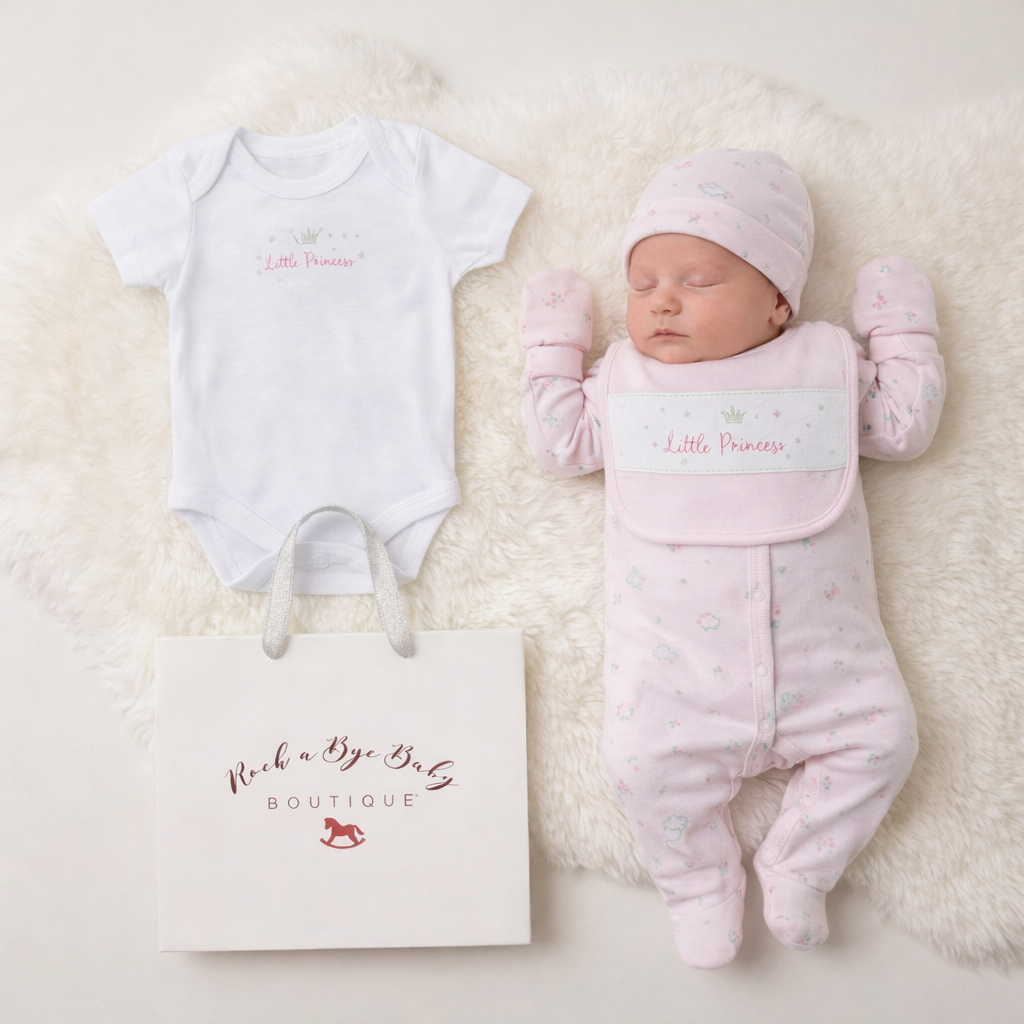 Baby girl's pink and white outfit with 'Little Princess' text, lying next to a baby bag on a soft surface.