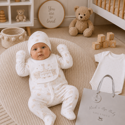 A baby wearing a white footed romper, matching bonnet, and mittens lies on a round woven rug in a styled nursery. The outfit has a small teddy bear print.
