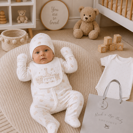 A baby wearing a white footed romper, matching bonnet, and mittens lies on a round woven rug in a styled nursery. The outfit has a small teddy bear print.
