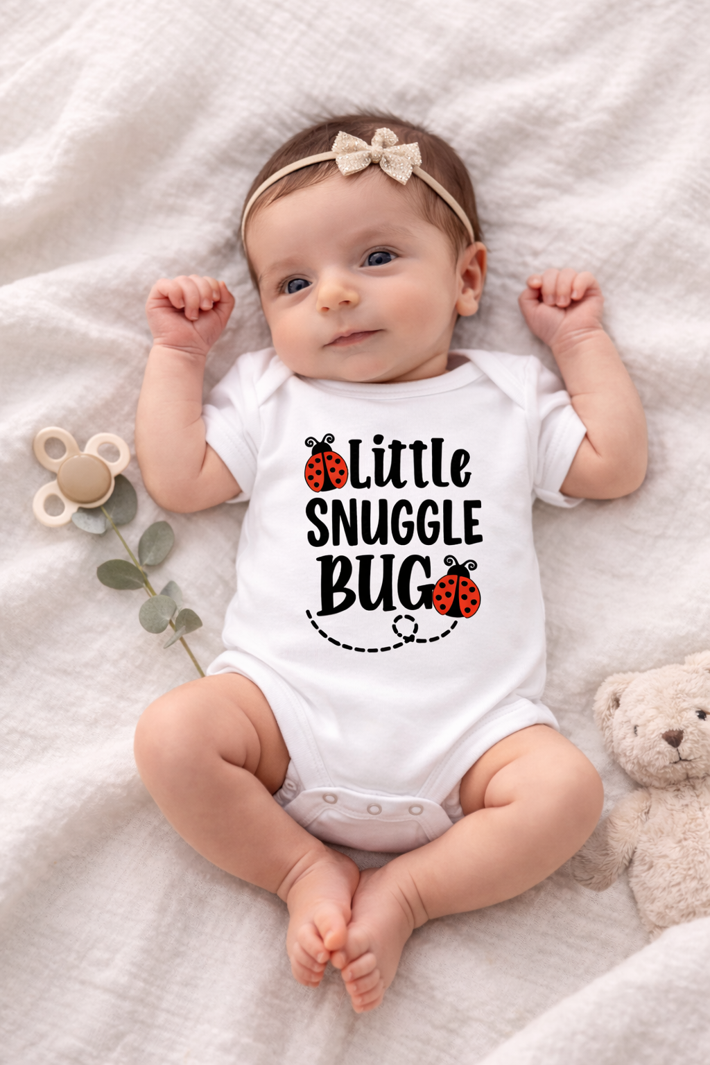 Baby wearing a 'Little Snuggle Bug' onesie on a soft surface.