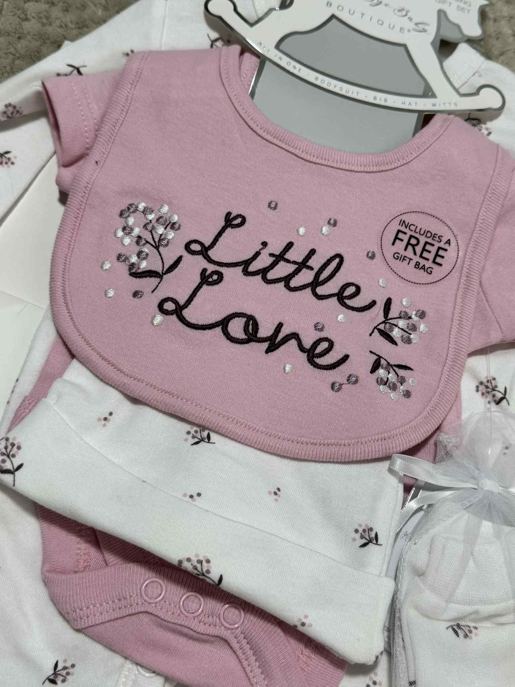 Baby Girls 5 Piece Matching Floral 'Little Love' Set & Giftbag