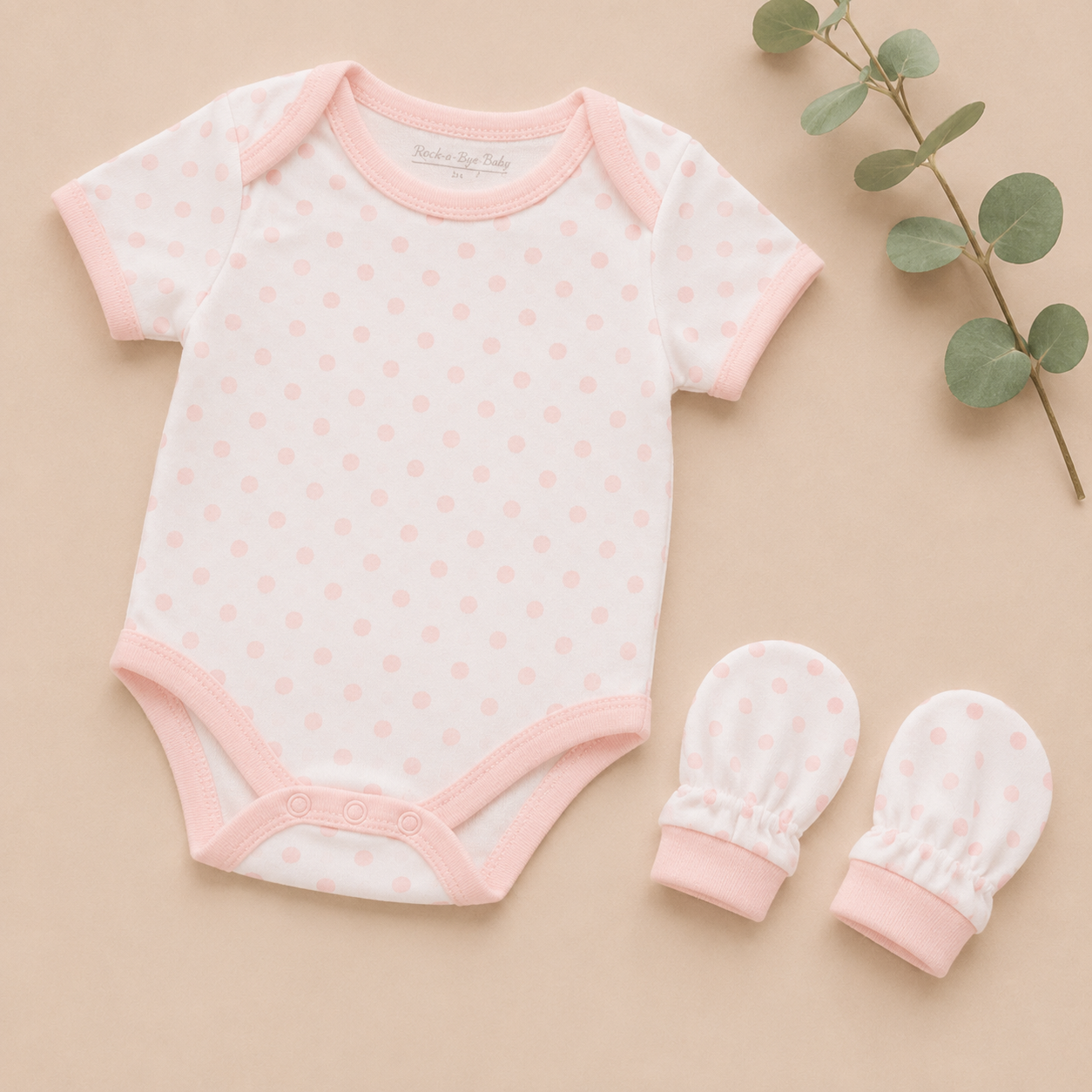 Baby bodysuit and mittens set with pink accents on a beige background